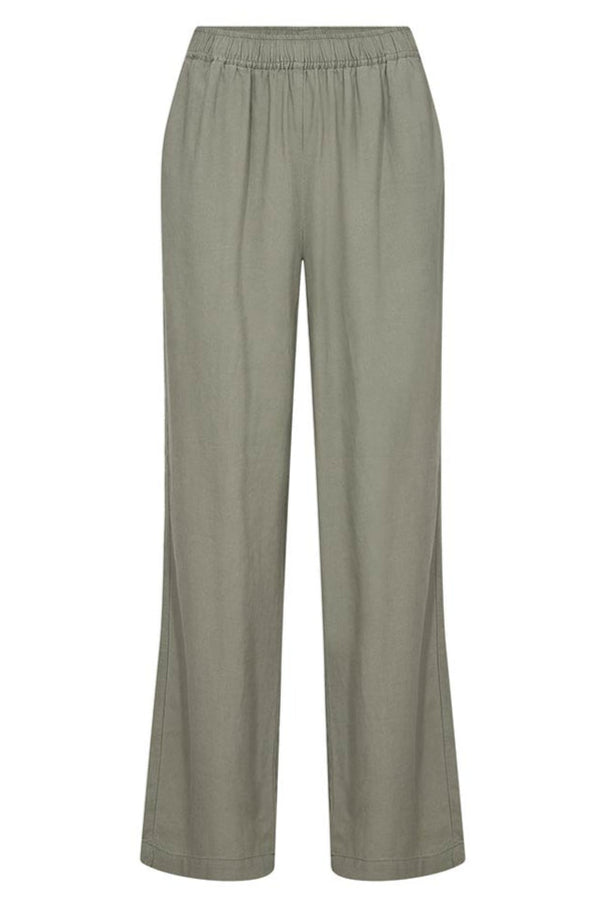 Leveté Room LR-NAJA 7 bukser i dark moss hørblanding med elastisk linning og brede ben. Elegant, afslappet og komfortabel.