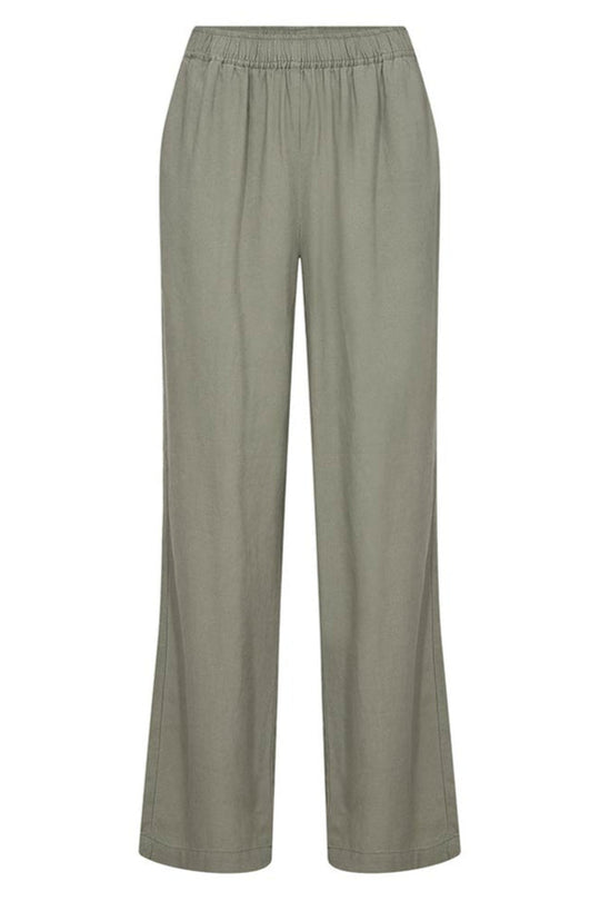 Leveté Room LR-NAJA 7 bukser i dark moss hørblanding med elastisk linning og brede ben. Elegant, afslappet og komfortabel.