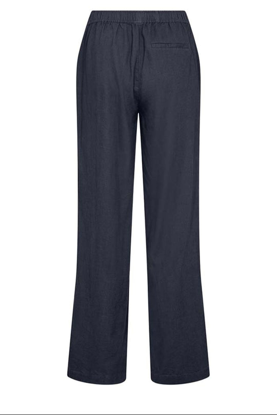 Leveté Room LR-NAJA 7 bukser i dark navy hørblanding med elastisk linning og brede ben. Elegant, afslappet og komfortabel.