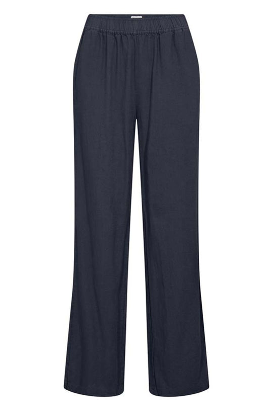 Leveté Room LR-NAJA 7 bukser i dark navy hørblanding med elastisk linning og brede ben. Elegant, afslappet og komfortabel.