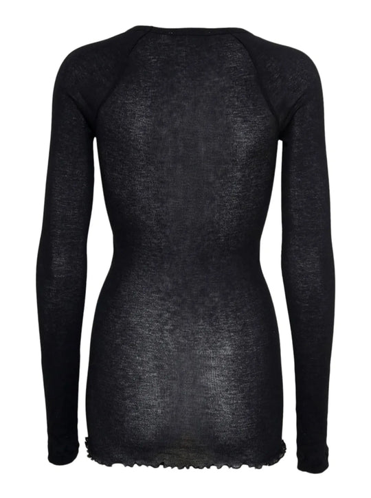 Seamless Basic Elvira Cotton Long Sleeve i sort – en blød og let langærmet bluse med rund hals, raglanærmer og fleksibel pasform.