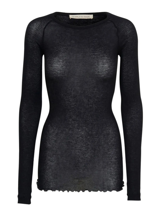 Seamless Basic Elvira Cotton Long Sleeve i sort – en blød og let langærmet bluse med rund hals, raglanærmer og fleksibel pasform.