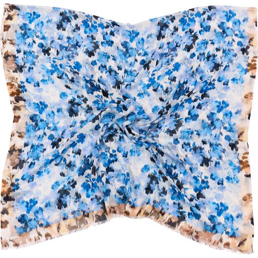 Bella Ballou Blurry Scarf i blå – stort bomuld/modal tørklæde med blurry blomster motiv, kontrastkant og rå ender. Kan også bruges som sarong.
