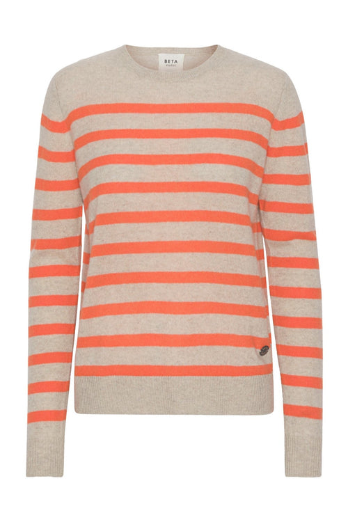 Beta Studios | Sweater | Bibi Striped O-neck, sand melange/poppy orange