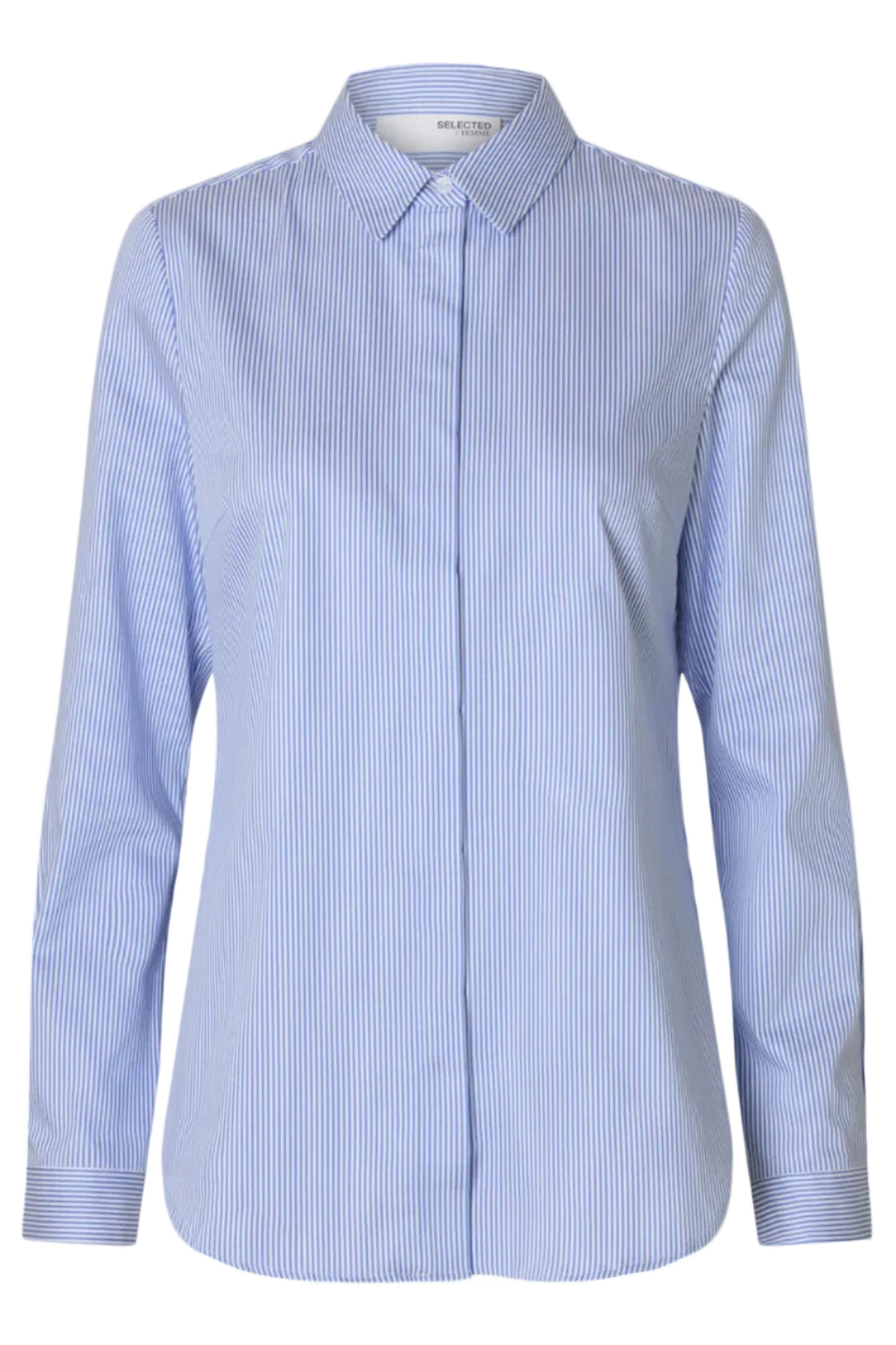 Selected Femme tætsiddende langærmet skjorte i dusty blue med striber i bright white – figursyet skjorte med krave, knaplukning og manchetter.
