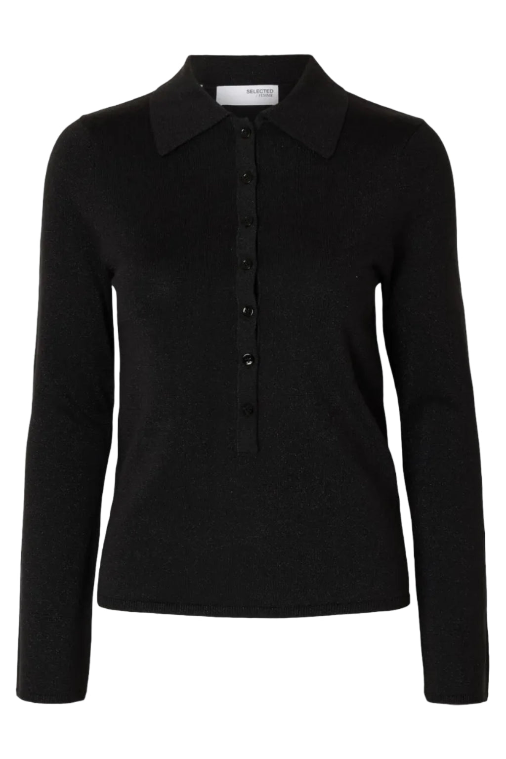 Selected Femme Lura LS Slim Knit Collar Neck i black tonal lurex – strik med polokrave, lange ærmer, ribmanchetter og diskret glimmer.
