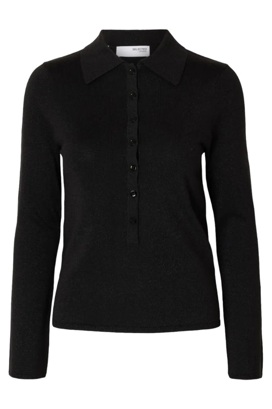 Selected Femme Lura LS Slim Knit Collar Neck i black tonal lurex – strik med polokrave, lange ærmer, ribmanchetter og diskret glimmer.
