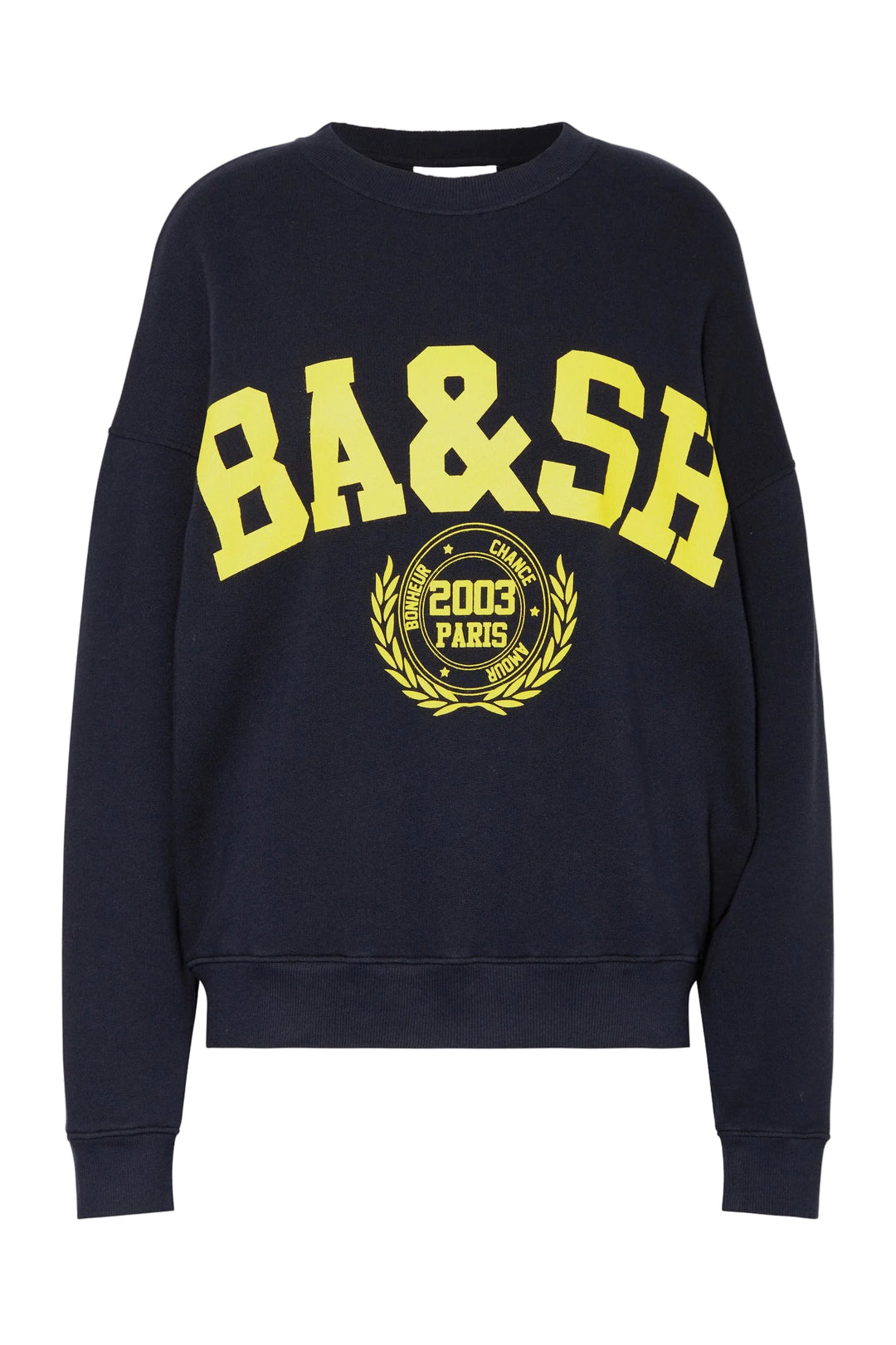 Benjamin sweatshirt i bleu med løs pasform, kort længde og college-inspireret logo. Lavet i økologisk bomuld med stræk. 
