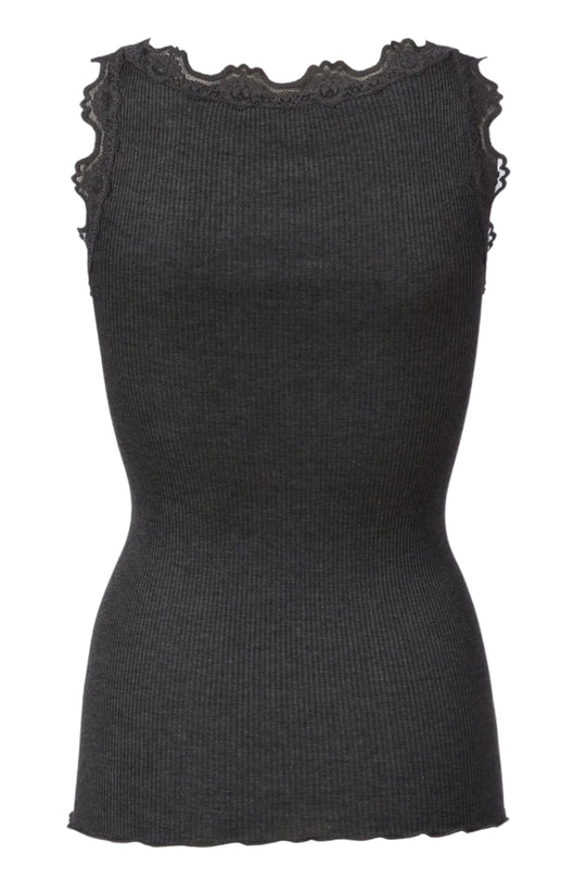 Rosemunde | Silketop | RWBabette SL U-neck Lace Top, 5405 dark grey melange