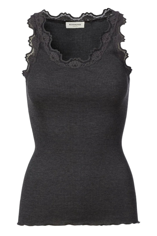 Rosemunde | Silketop | RWBabette SL U-neck Lace Top, 5405 dark grey melange