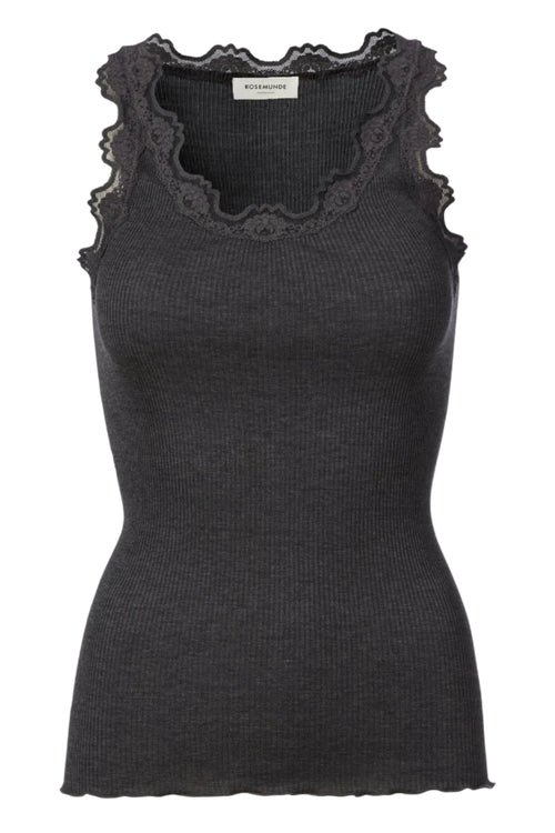 Rosemunde | Silketop | RWBabette SL U-neck Lace Top, 5405 dark grey melange