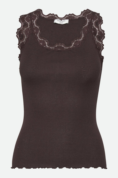 Rosemunde | Silketop | RWBabette SL U-neck Long Lace Top, 5205 dark espresso