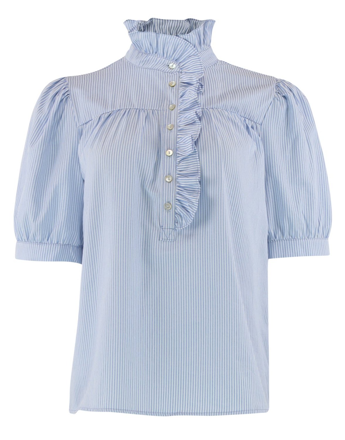 Continue Ariana SS Poplin Bluse – Blåstribet Bomuldsbluse med 3/4 Pufærmer
