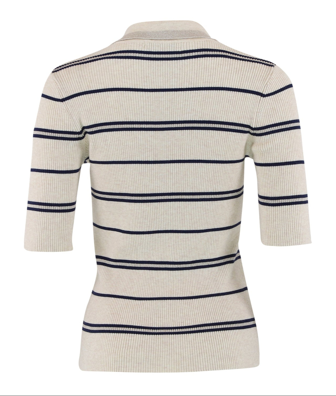 Stilfuld strikpolo fra Continue i sand/blue striber med elegant sølvdetalje. Slim fit og blød kvalitet. 