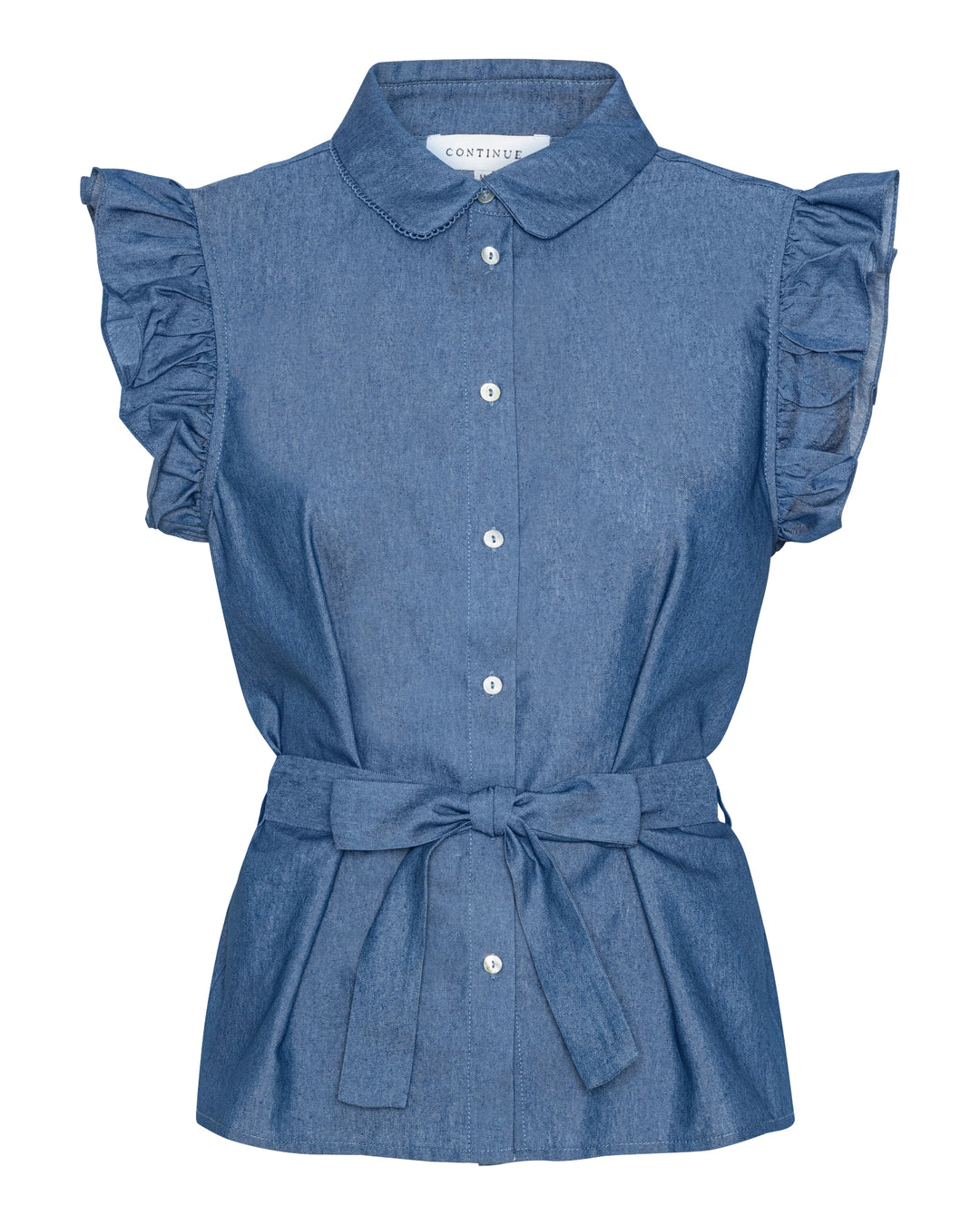 Elegant bluse fra Continue i chambre blå nuance og klassisk pasform.