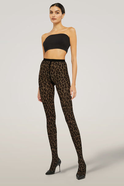Wolford Leo Tights i Umber/Black, 20 denier strømpebuks med mat, uigennemsigtigt dyreprint og strikket talje.