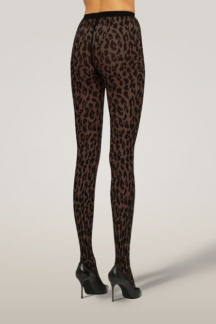 Wolford Leo Tights i Umber/Black, 20 denier strømpebuks med mat, uigennemsigtigt dyreprint og strikket talje.