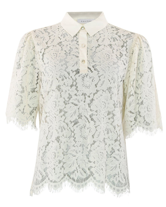 Continue Paloma Lace bluse i off white med gennemsigtig blonde, flipkrave, knapper og korte ærmer.
