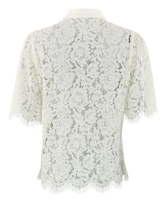 Continue Paloma Lace bluse i off white med gennemsigtig blonde, flipkrave, knapper og korte ærmer.
