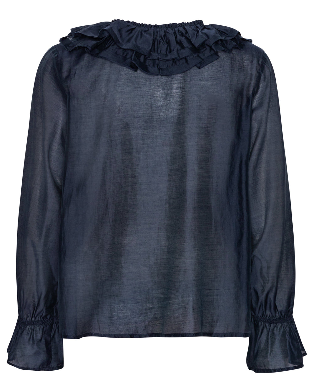 Continue Jody L/S bluse i navy blue med V-udskæring, flæser, bindebånd og rynkede manchetter i let materiale.
