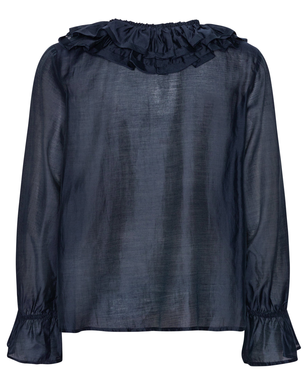 Continue Jody L/S bluse i navy blue med V-udskæring, flæser, bindebånd og rynkede manchetter i let materiale.
