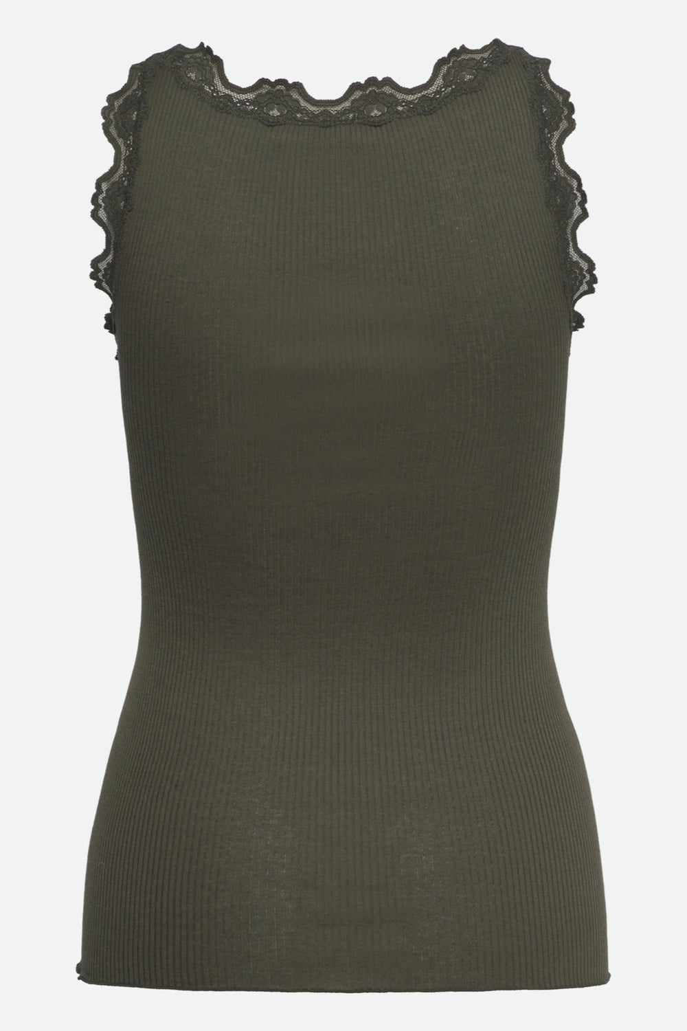 Rosemunde Babette Lace Top – luksuriøs silketop med blondekant, krølkant og sømløst design i blød silke-bomuldsblanding. Elegant og feminin. 