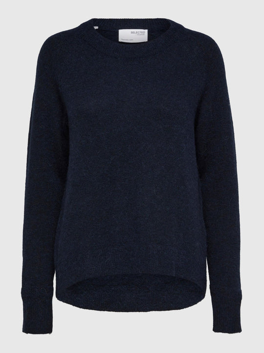 Selected Femme Lulu LS Knit O-Neck i dark sapphire melange – blød striktrøje i alpakauldsblanding med rund hals, raglanærmer og ribkanter.
