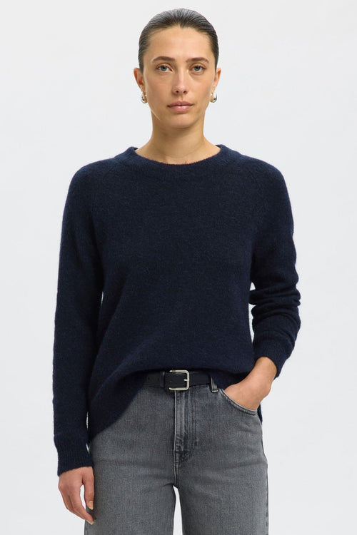 Selected Femme | Striktrøje | Lulu ls knit o-neck, dark sapphire melange