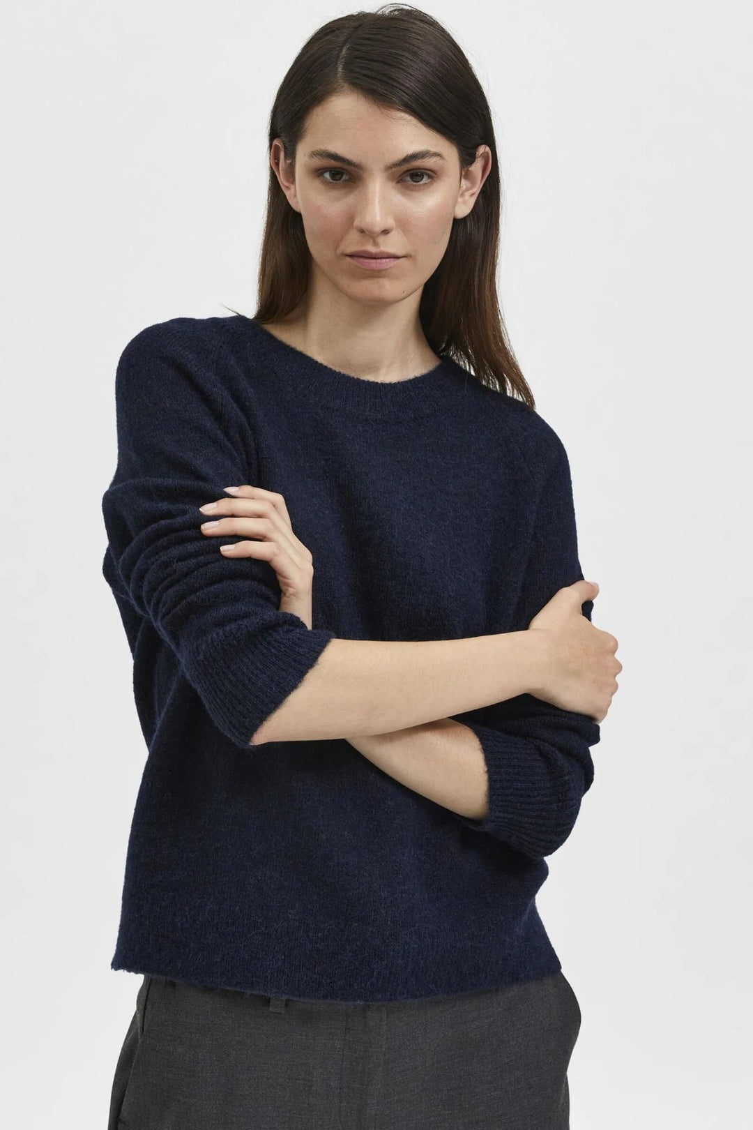 Striktrøje | Selected Femme Lulu ls knit o-neck, dark sapphire