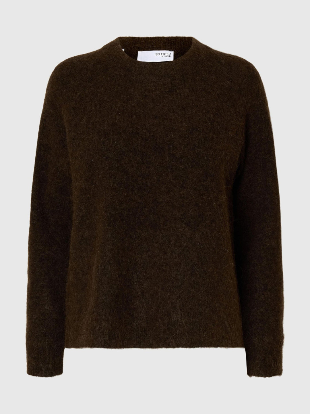 Selected Femme Lulu LS Knit O-Neck – delicioso melange. Blød strik i alpakauldsblanding med rund hals, raglanærmer og relaxed fit. 