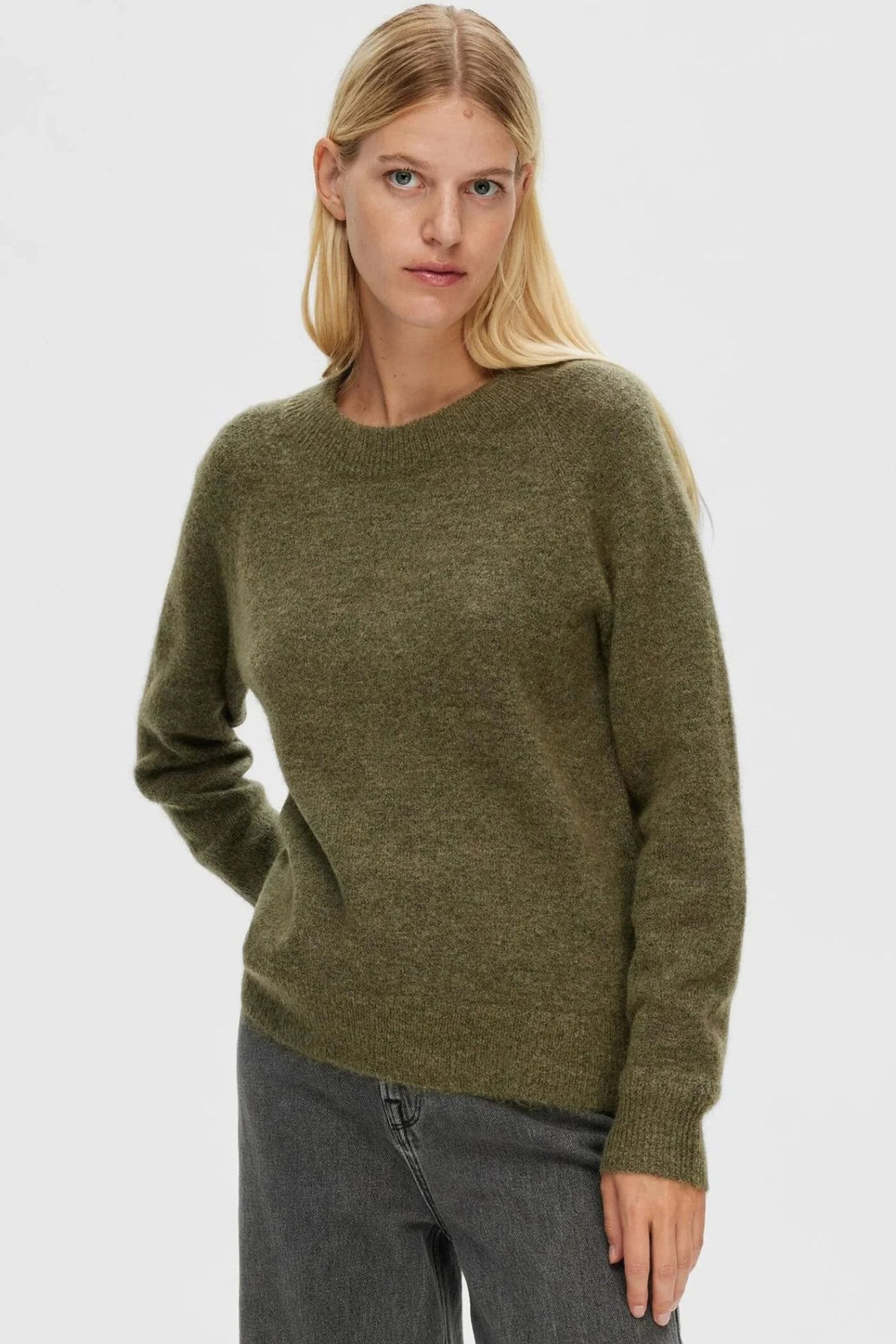 Striktrøje | Selected Femme Lulu ls knit o-neck, dusky green