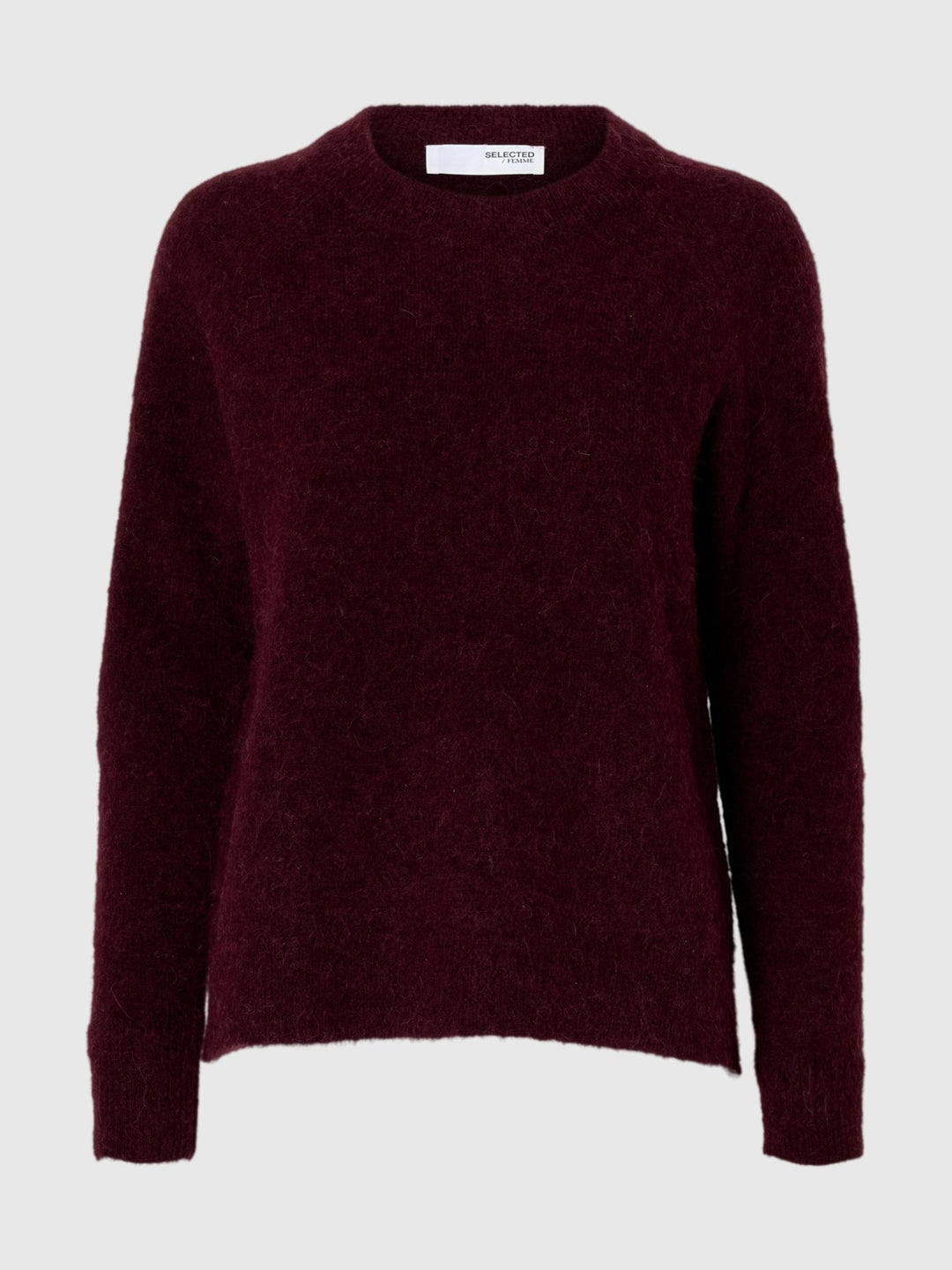 Selected Femme Lulu LS Knit O-Neck – fig melange. Blød strik i alpakauldsblanding med rund hals, raglanærmer og relaxed fit. 