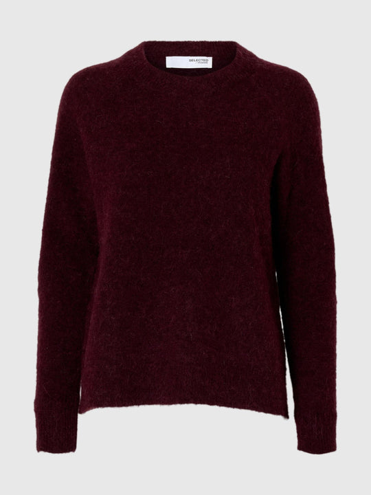 Selected Femme Lulu LS Knit O-Neck – fig melange. Blød strik i alpakauldsblanding med rund hals, raglanærmer og relaxed fit. 
