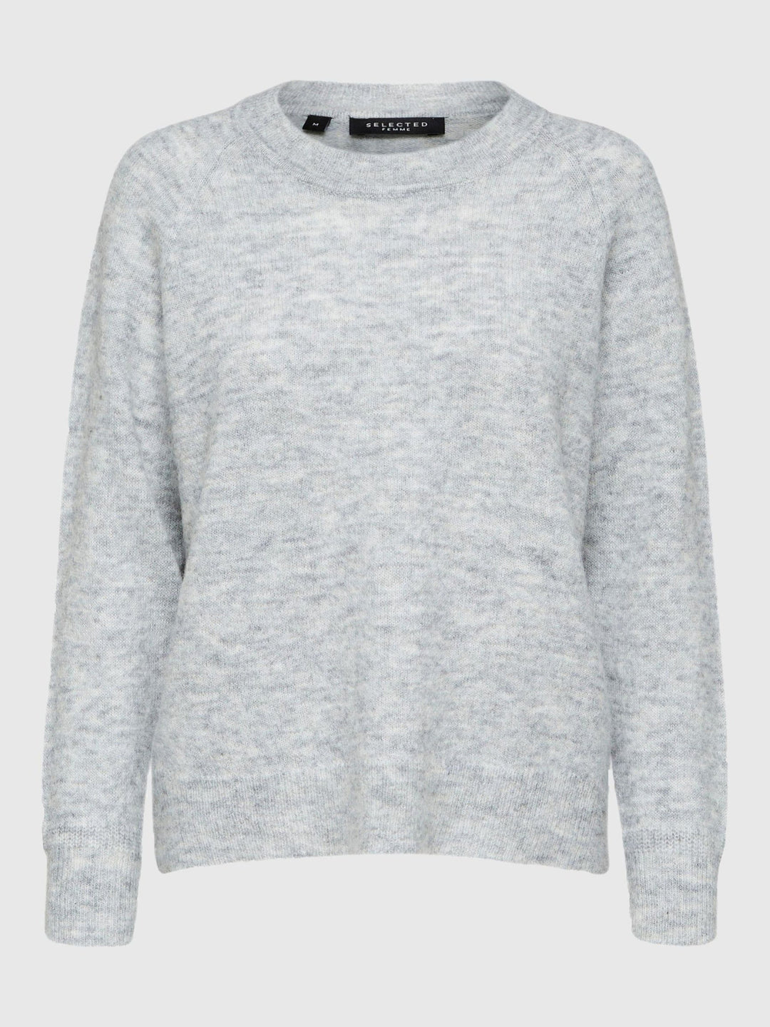 Selected Femme Lulu LS Knit O-Neck – light grey melange. Blød strik i alpakauldsblanding med rund hals, raglanærmer og relaxed fit.