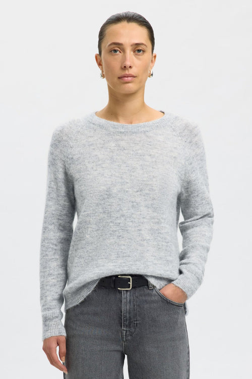 Selected Femme | Striktrøje | Lulu ls knit o-neck, light grey melange