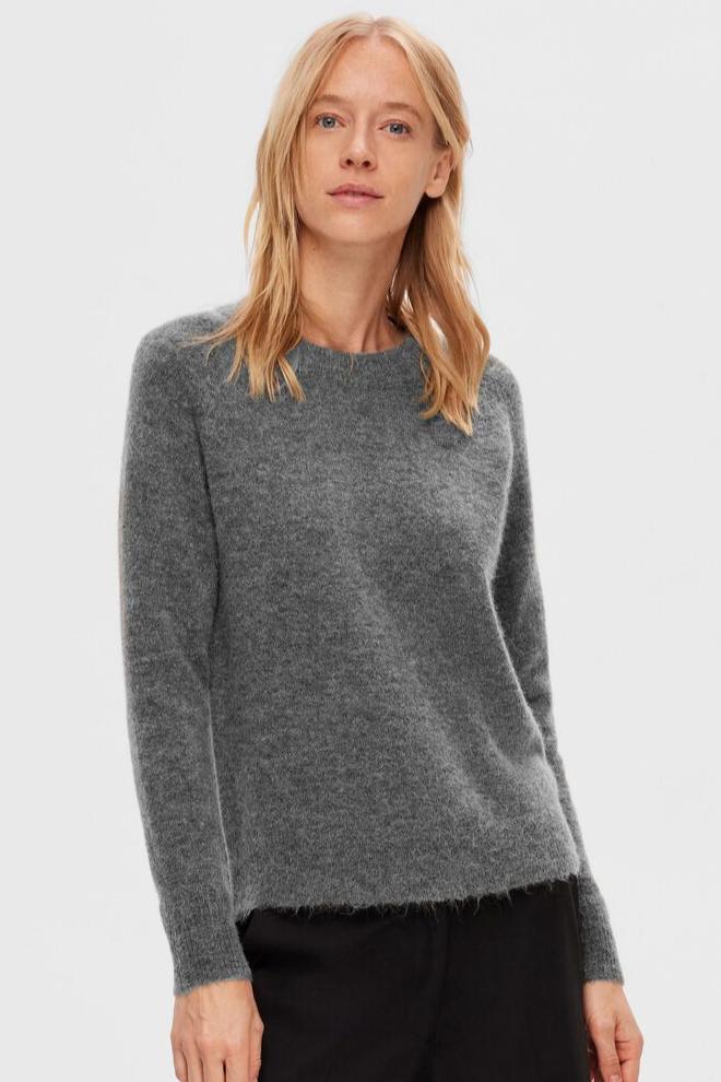 Selected Femme | Sweater | Lulu ls knit o-neck, medium grey melange