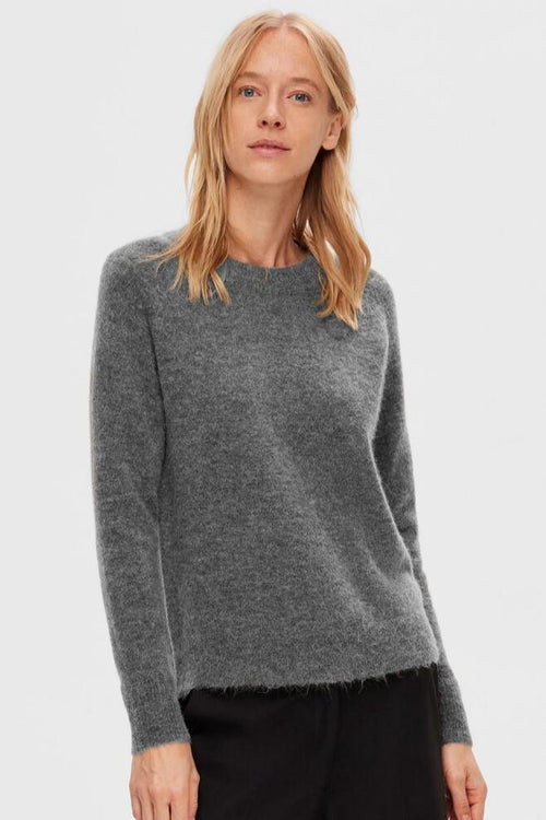 Selected Femme | Striktrøje | Lulu ls knit o-neck, medium grey melange