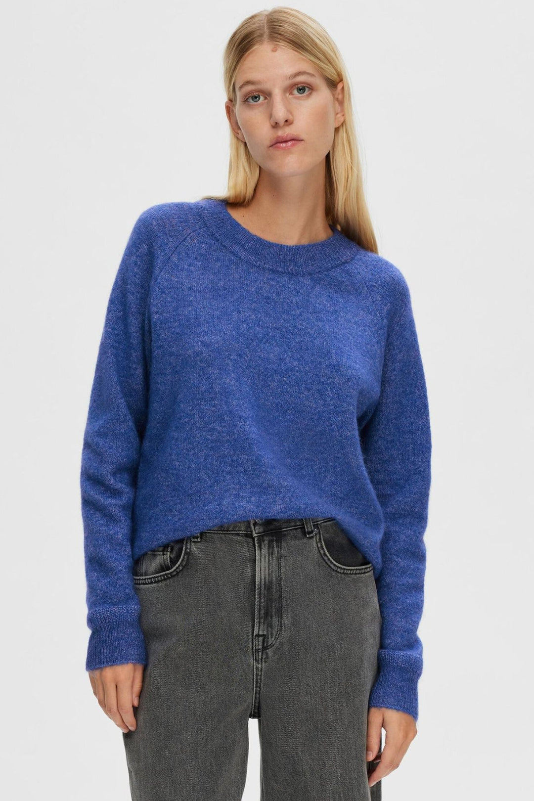 Striktrøje | Selected Femme Lulu ls knit o-neck, nebulas blue