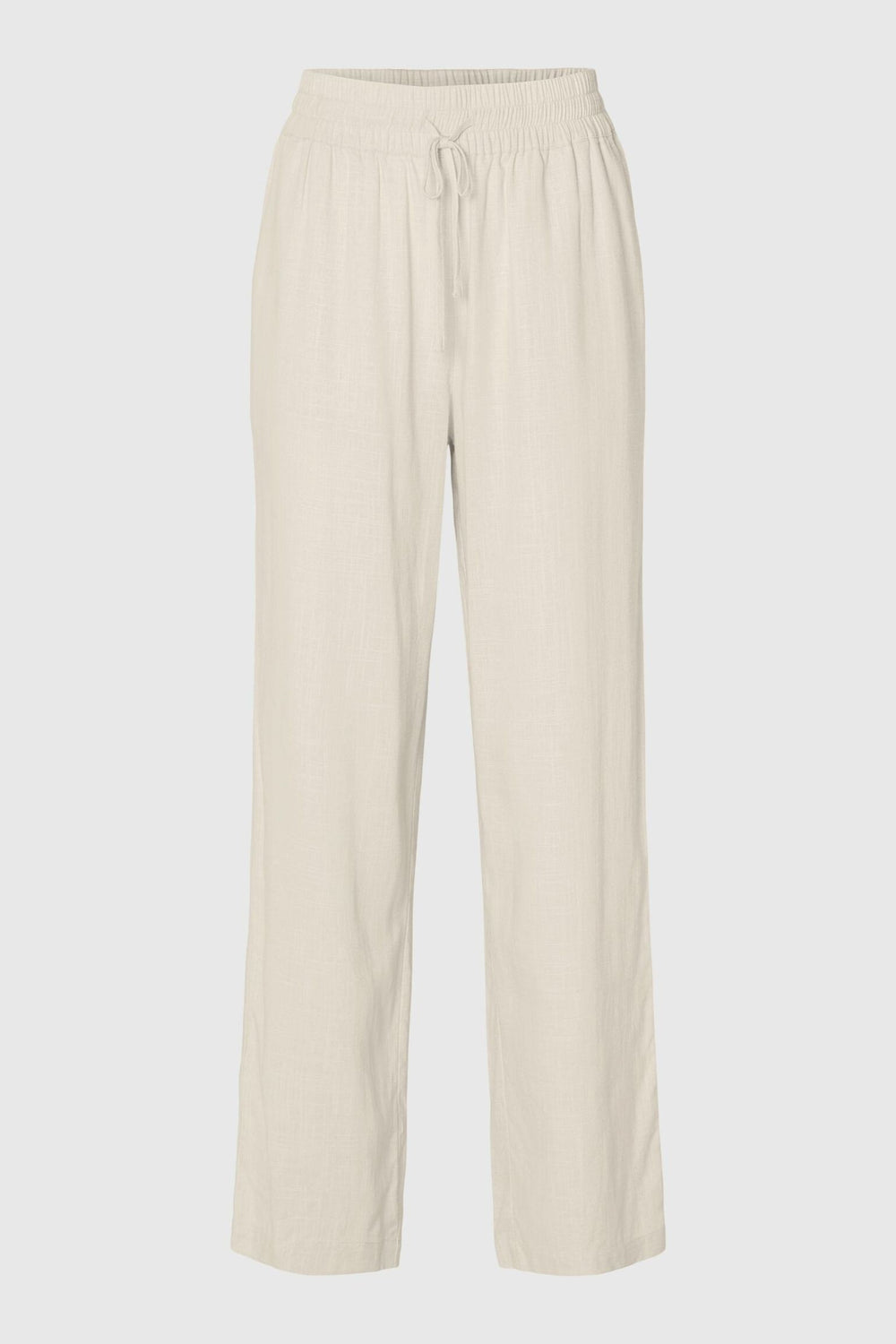 Selected Femme Viva-Gulia HW Long Sun Pant i hørblanding med høj elastisk talje, justerbar snor, skårede sidelommer og loose fit. Perfekte forår- og sommerbukser. 
