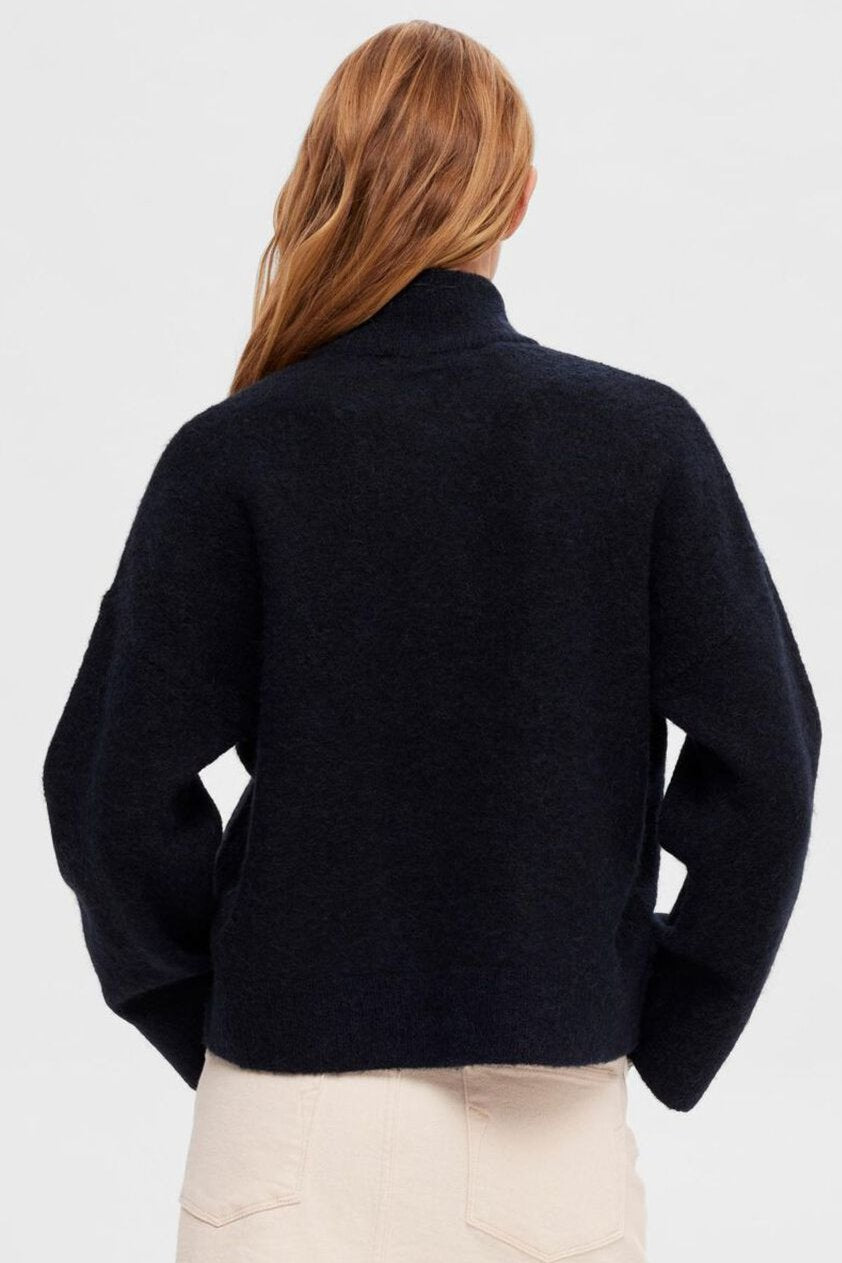 Selected Femme Sia Ras Knit Zipper Cardigan – Blød Cardigan i Uld og Alpaca med Lynlås i dark sapphire melange