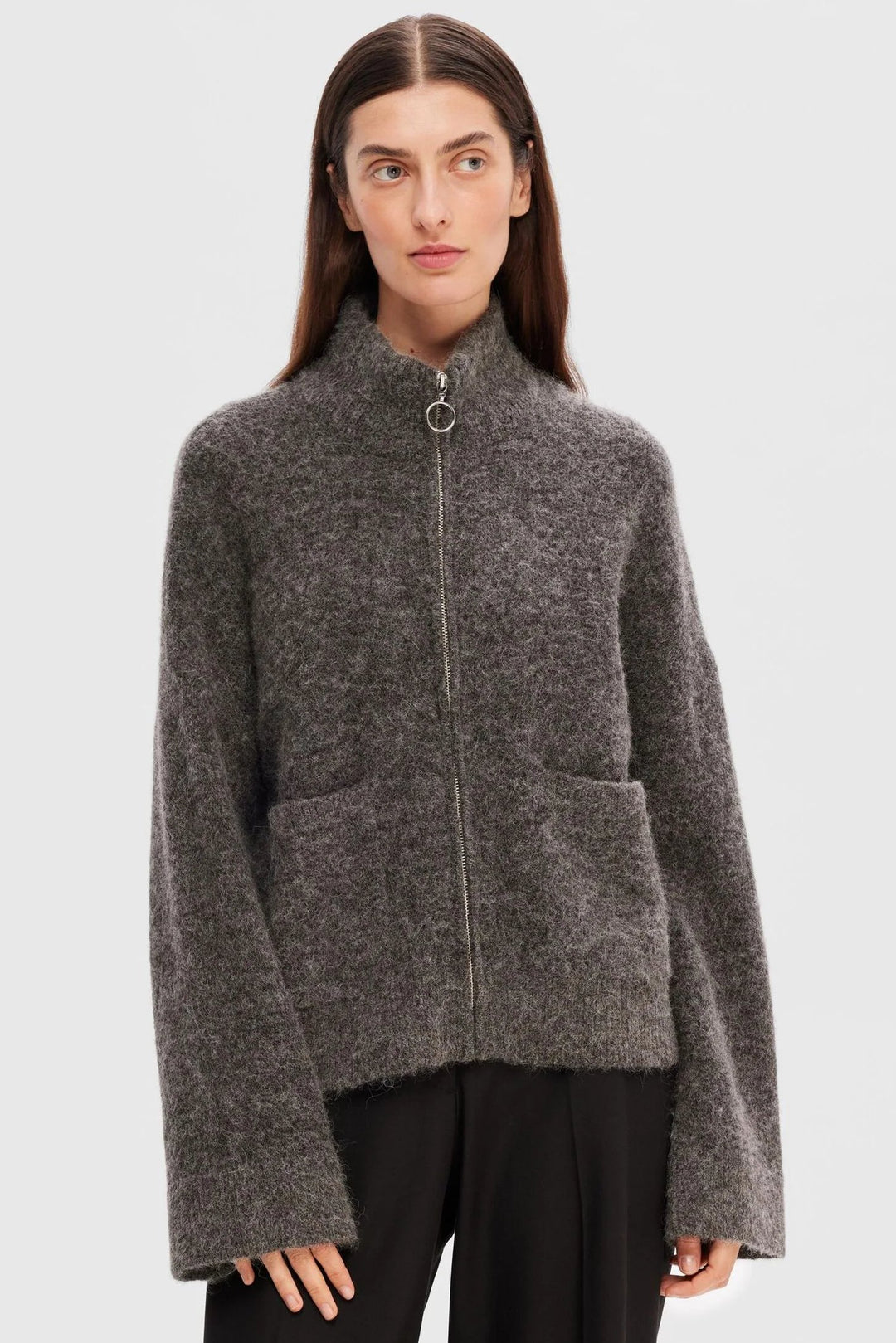 Selected Femme | Cardigan | Sia Ras Knit Zipper, medium grey melange