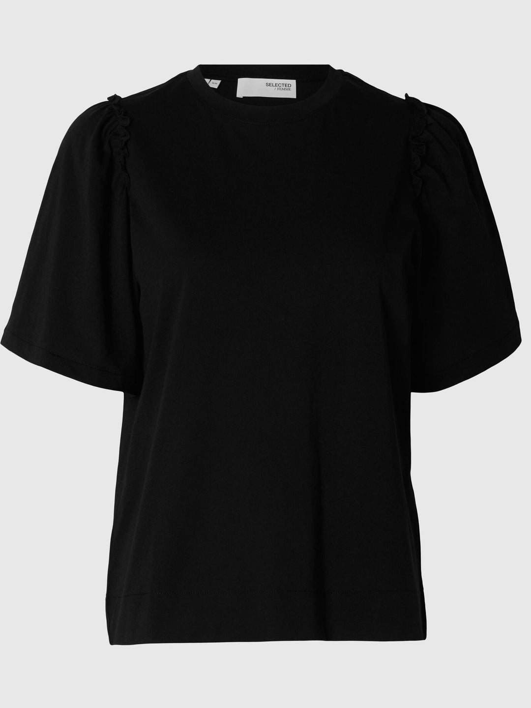 Selected Femme Penelope 2/4 ruffle top black – T-shirt med flæser og rund hals.