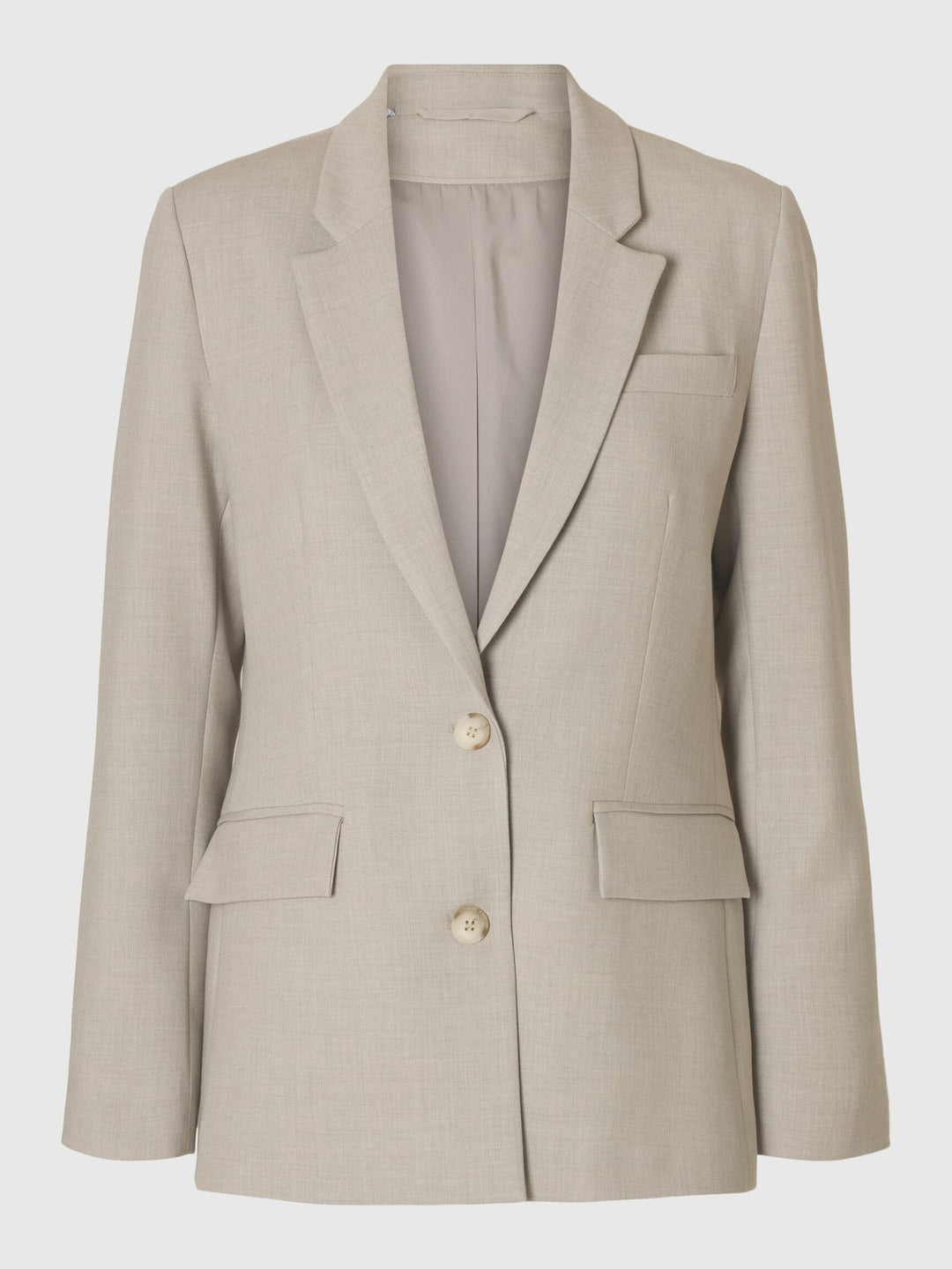 Selected Femme Rita LS Classic Blazer i farven Island Fossil Melange – klassisk blazer med reverskrave, knaplukning og struktureret pasform.
