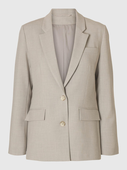 Selected Femme Rita LS Classic Blazer i farven Island Fossil Melange – klassisk blazer med reverskrave, knaplukning og struktureret pasform.
