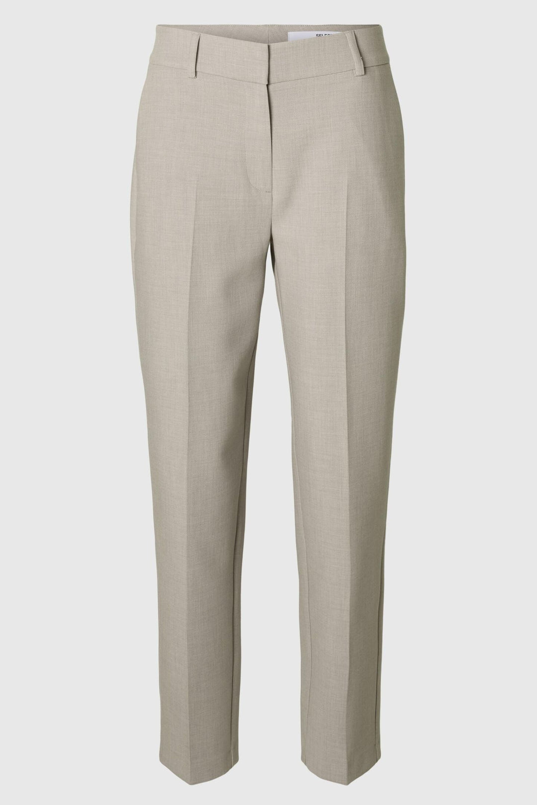 Selected Femme Rita-Ria MW Cropped Pant i island fossil melange – mid-taljede bukser med tapered fit, cropped længde og klassiske pressefolder.
