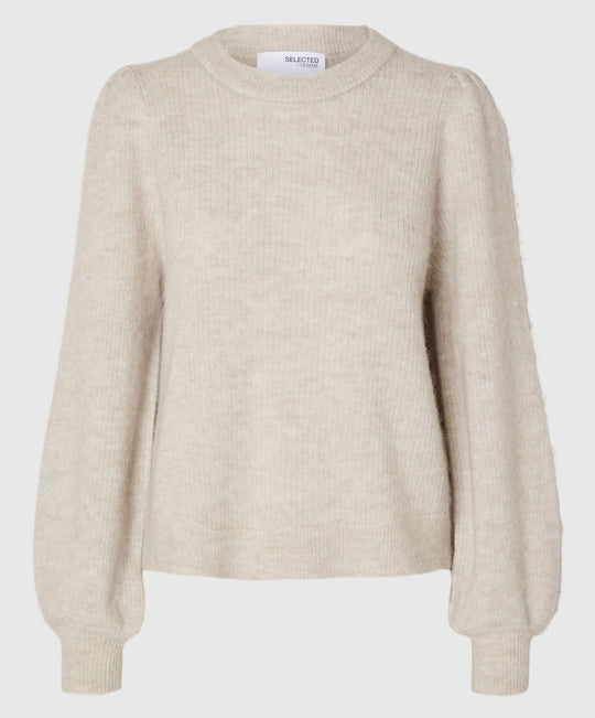 Selected Femme Lulu LS Knit Rib Striktrøje – Elegant Strik med Voluminøse Ærmer i Birch