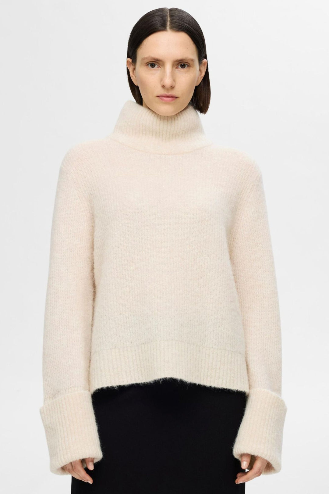 Selected Femme Sia Ras LS High Neck Sweater – Løs Rullekravetrøje i Blød Uld og Alpaca i birch