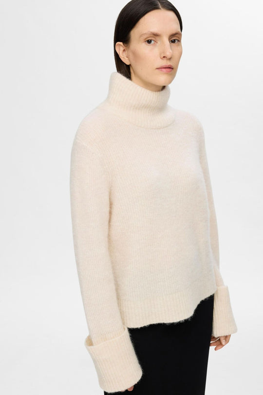 Selected Femme Sia Ras LS High Neck Sweater – Løs Rullekravetrøje i Blød Uld og Alpaca i birch