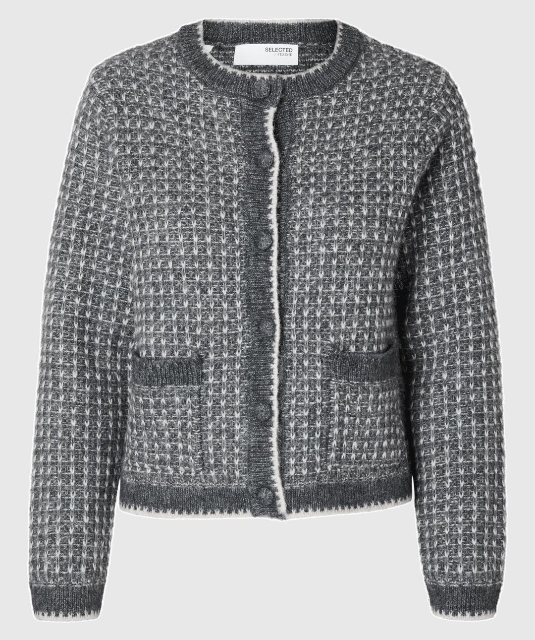 Selected Femme Sine LS Knit Cardigan – Elegant Tweed-Inspireret Cardigan i Volcanic Ash/Birch