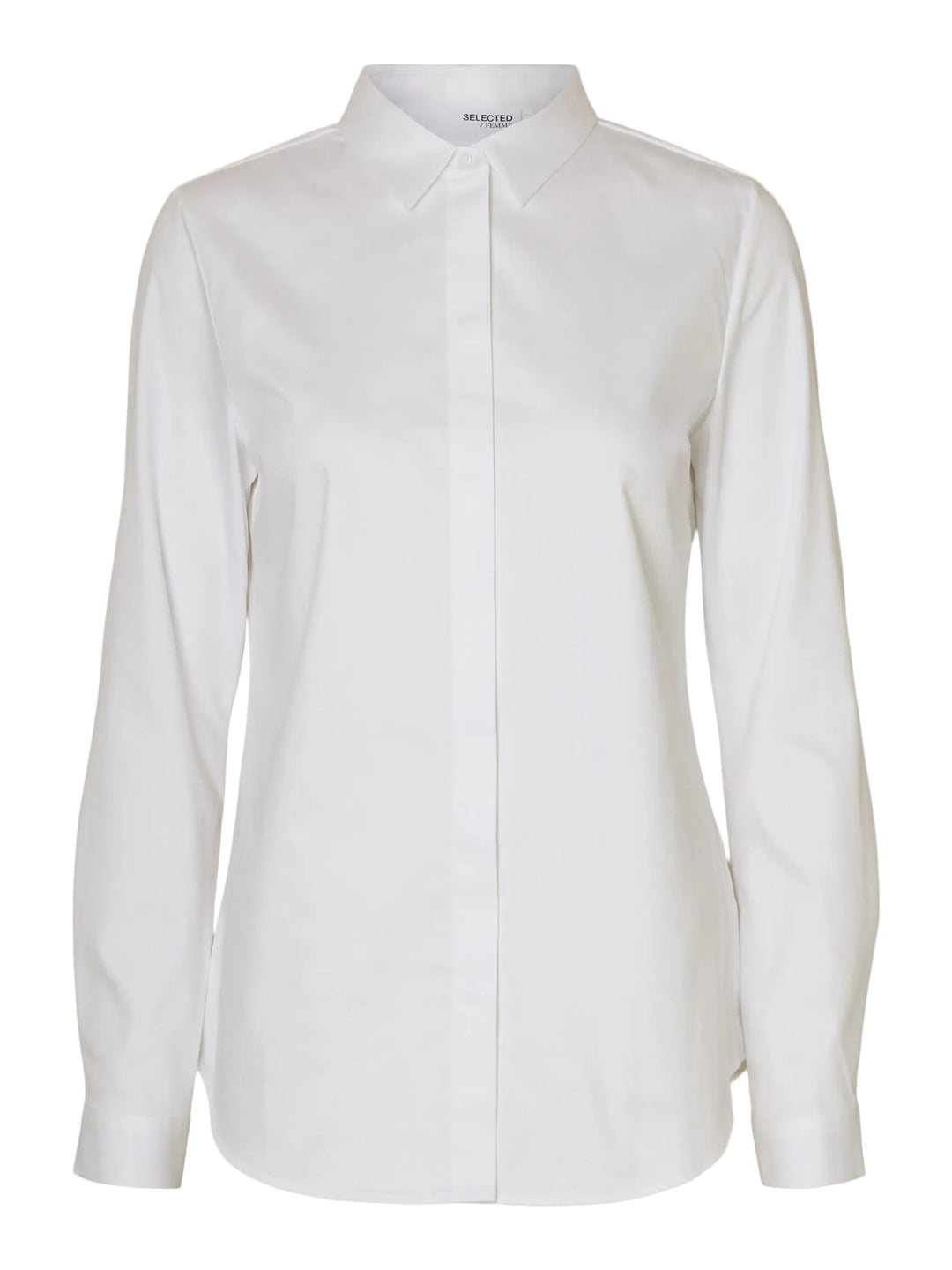 Selected Femme tætsiddende langærmet skjorte i bright white – krave, knaplukning foran, lange ærmer med manchetter og figursyet silhuet. 
